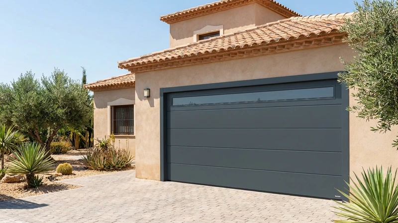 Puerta seccional de aluminio antracita con ventana en chalet de Murcia