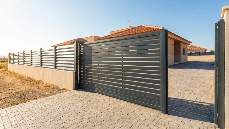 Puerta corredera motorizada coordinada con vallado de lamas en Murcia